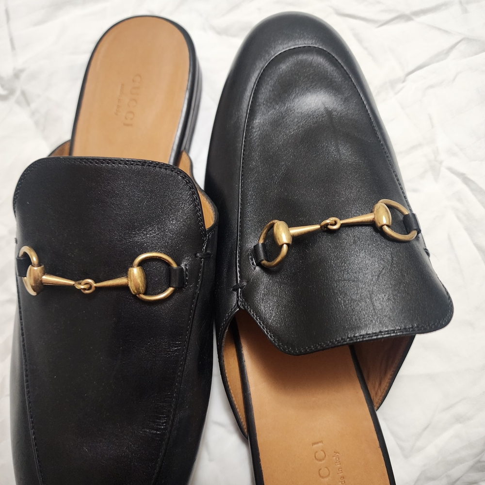 Gucci Black Leather Slip-On Mule with Gold Horsebit
